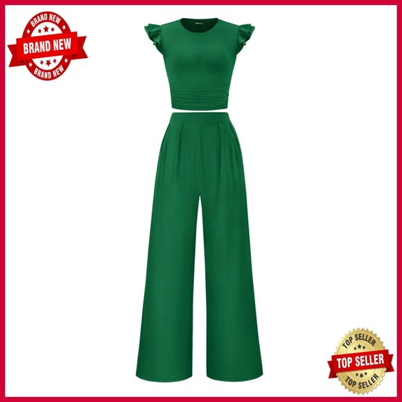 Women's Matching Set Cap Sleeve Top Wide Leg Pants Stretchy Knit Fabric